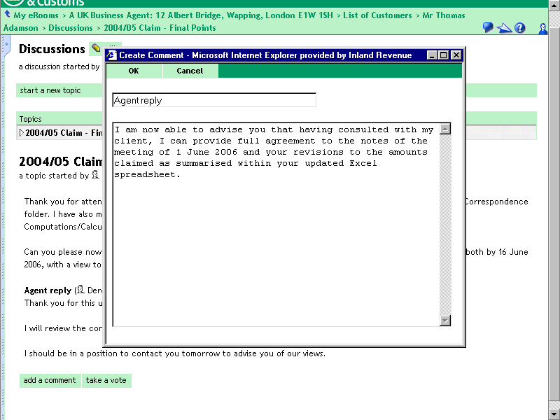 The Discussions screen with a Create Comment window open with further agent comments.