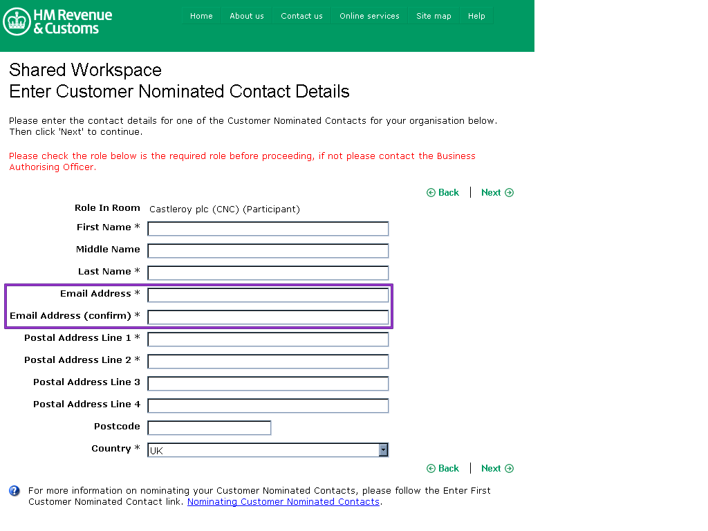enter CNC contact details page, no entries, CNC email address fields highlighted