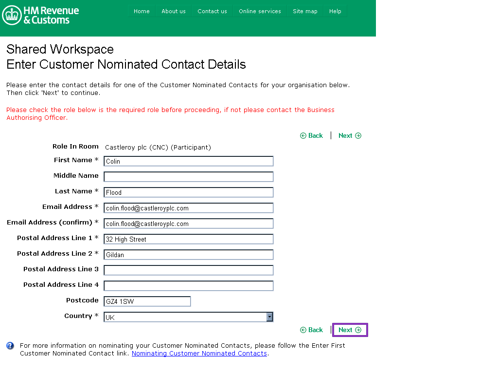 Enter CNC contact detaisl page showing Colin Flood's details