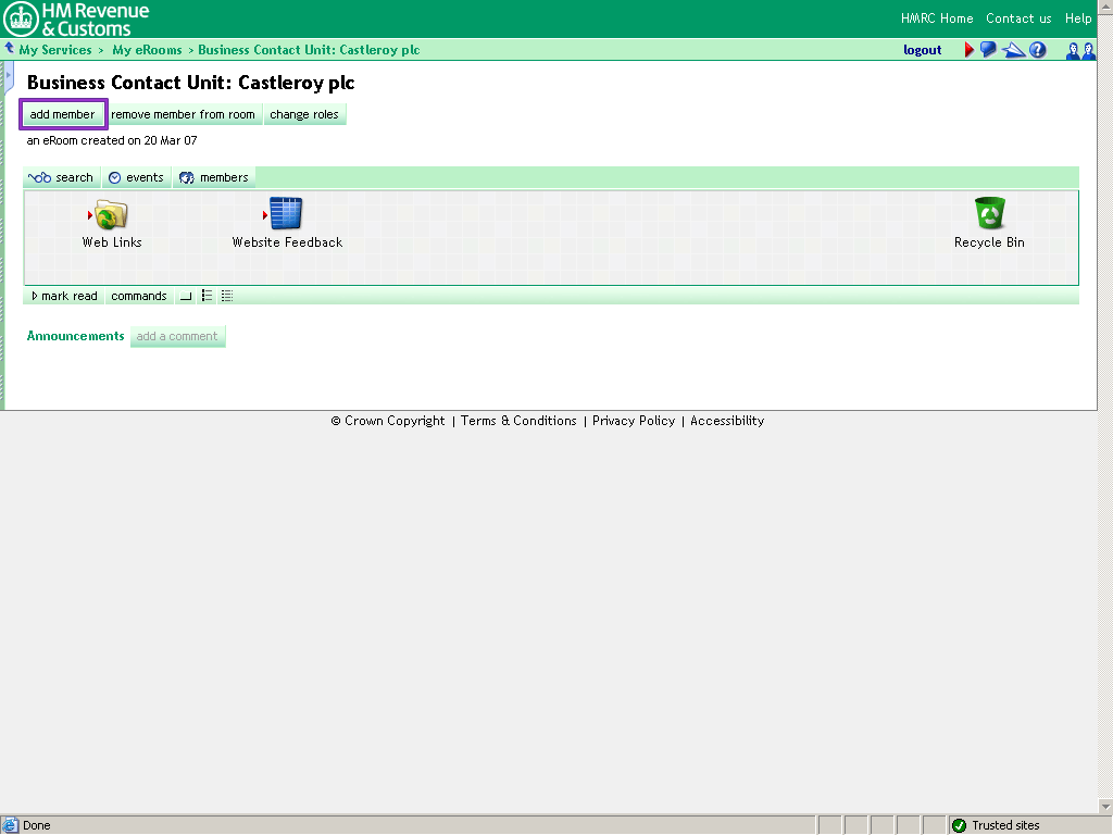 Castleroy plc home page, addmember button highlighted