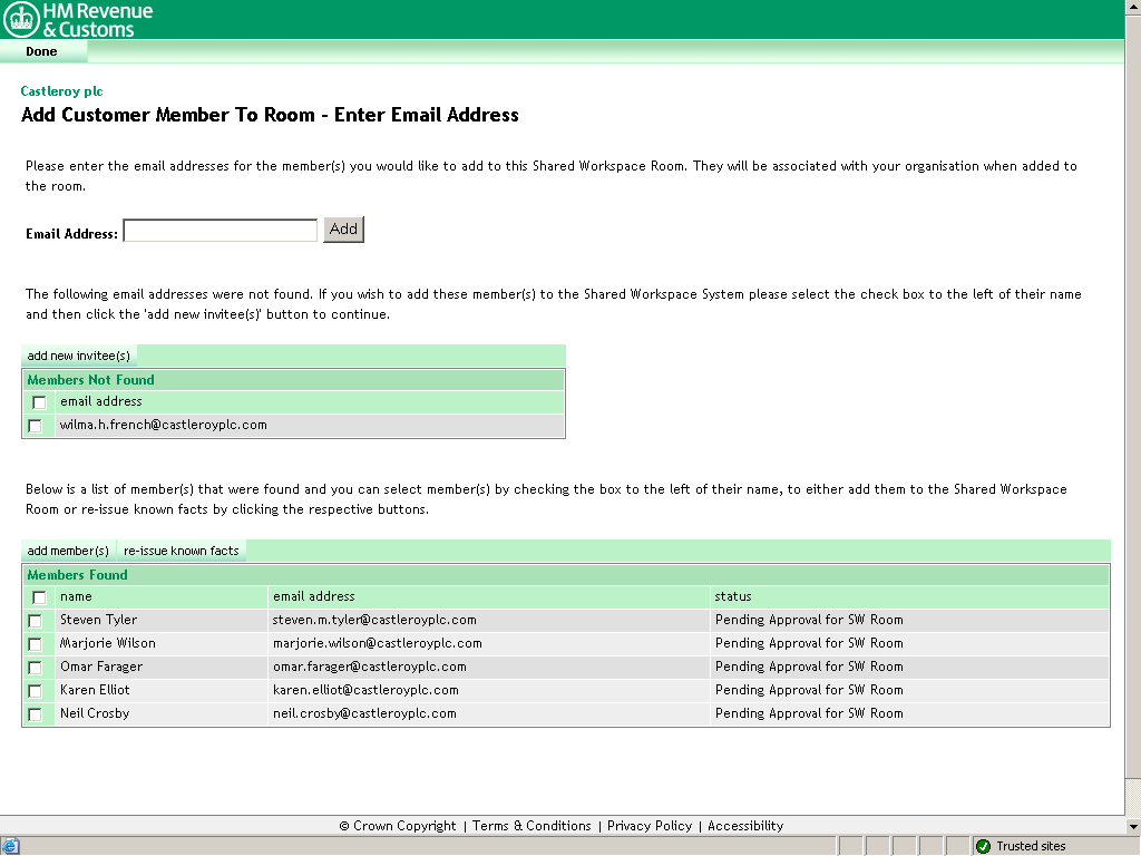Add customer member to room. Enter email address screen.