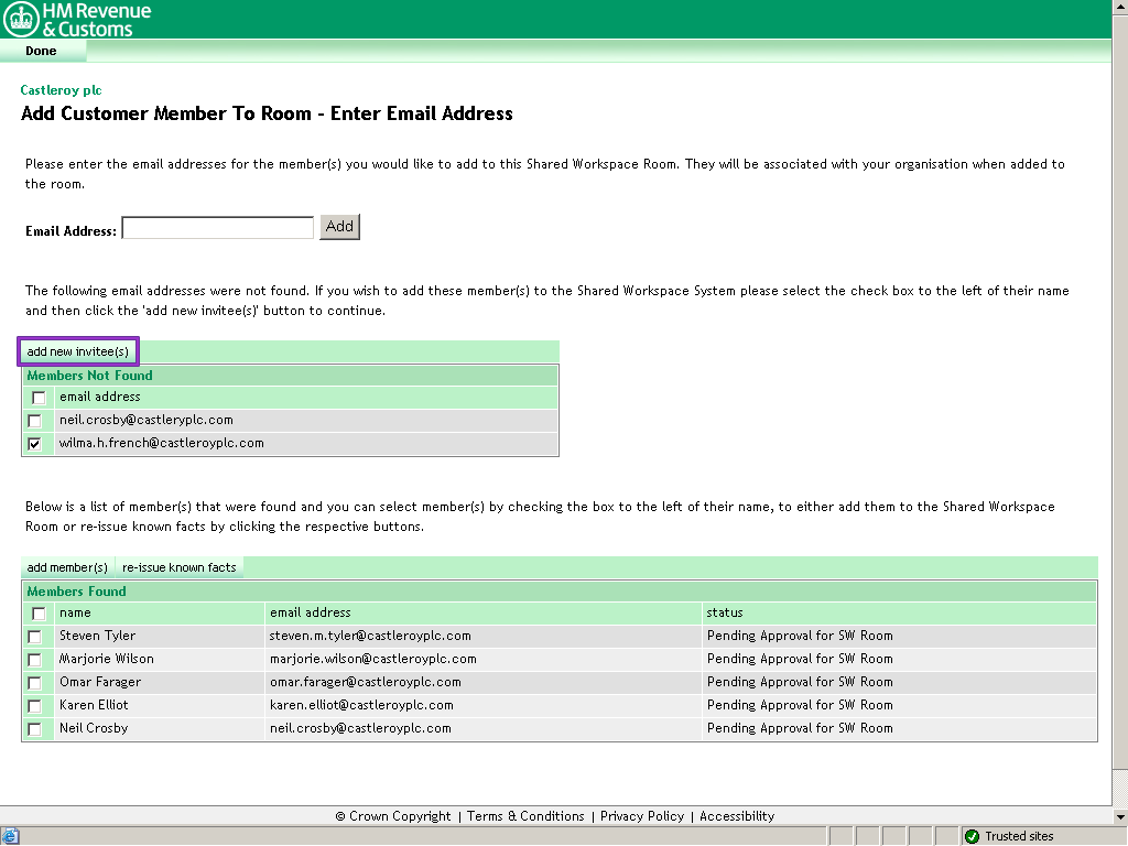 Add Customer Member To Room scree. Wilma French entry checked. Add new invitee button highlighted.