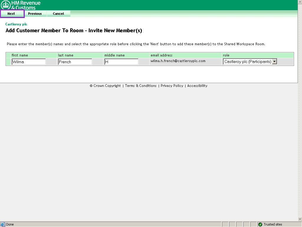 Invite new member screen with details for Wilma French in name fields. Next button highlighted.