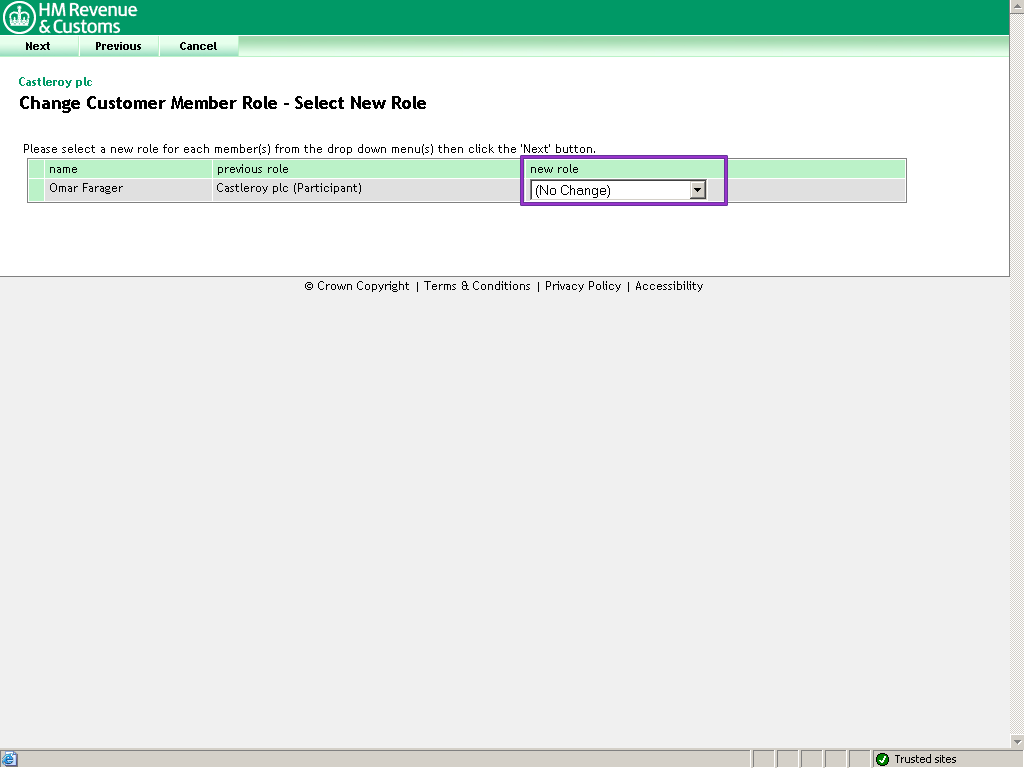 Change Customer member Role - Select New Role screen, new role are highlighted