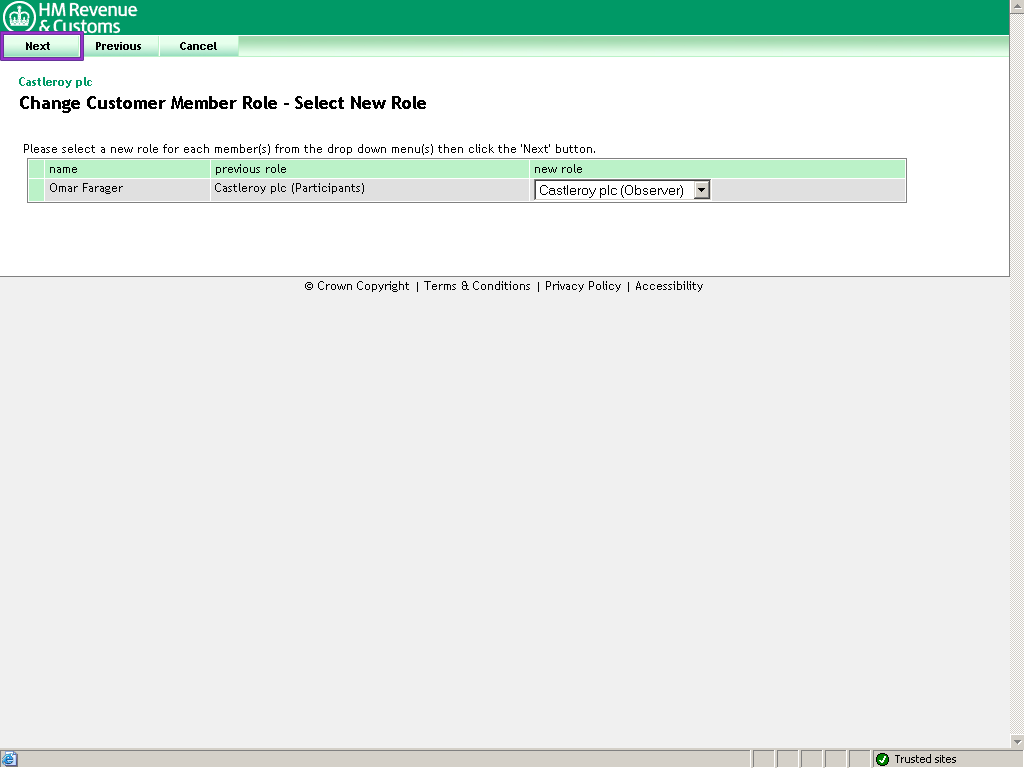 Change Customer member Role - Select New Role screen, observer role selected, Next button highlighted