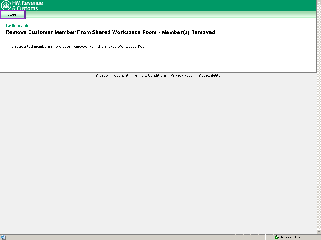 Remove customer from SW Room - Member(s) Removed screen, Close button highlighted