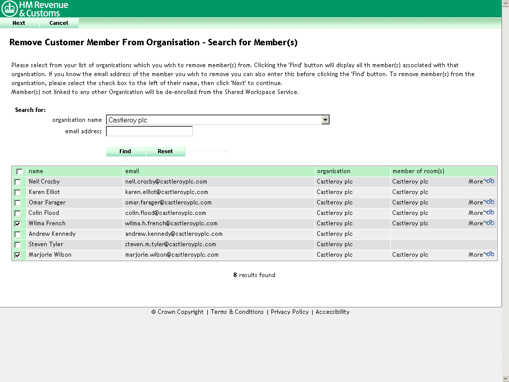 Remove Customer Member From Organisation - Search for Member(s) screen, Marjorie and Wilma selected.