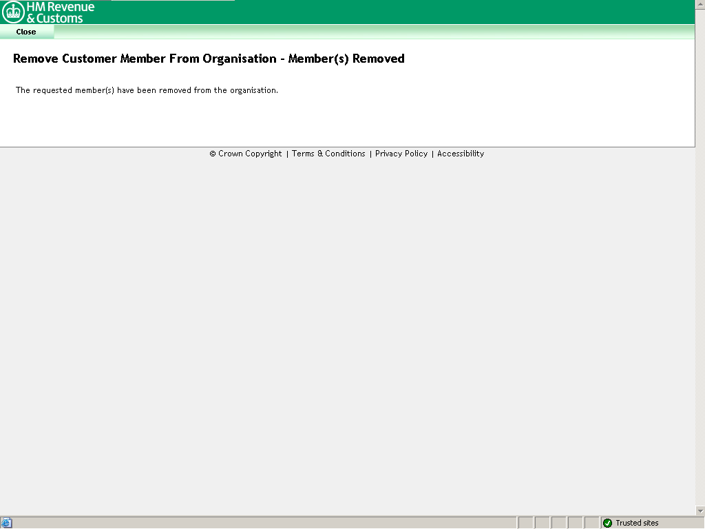 Remove Customer Member From Organisation - Member(s) Removed screen