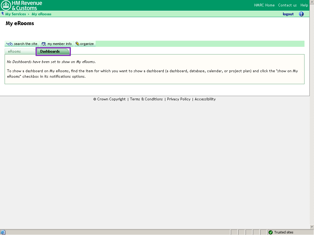 My eRooms. Dashboards tab highlighted.