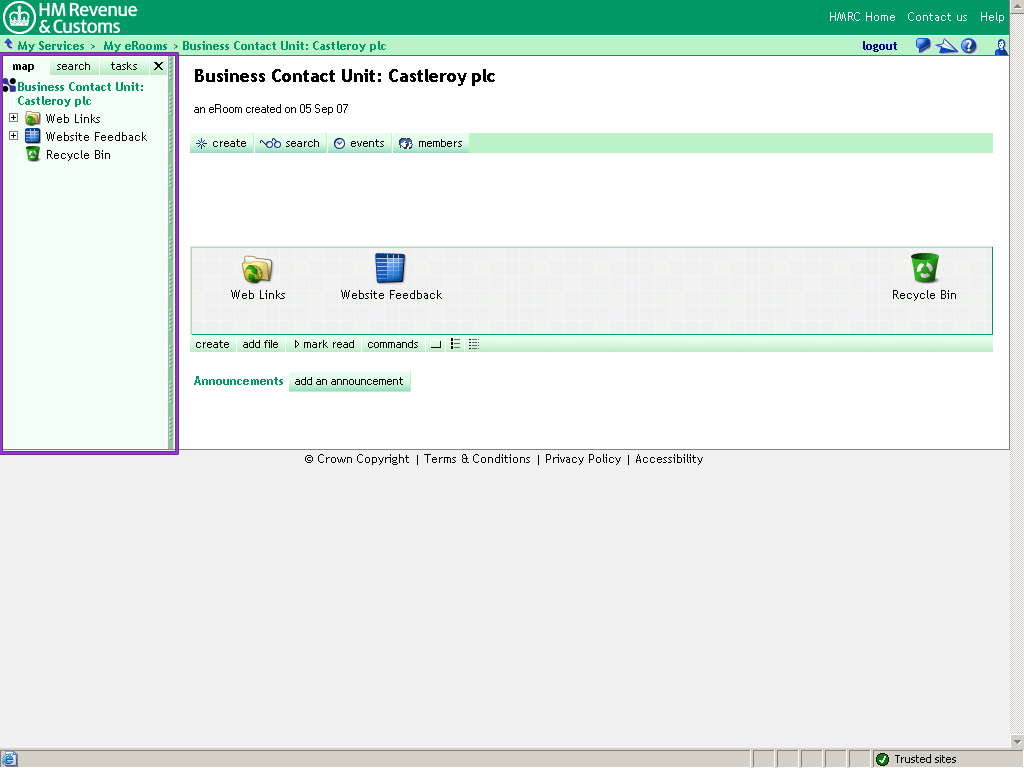 Castleroy plc Room homepage. Pane open and highlighted.
