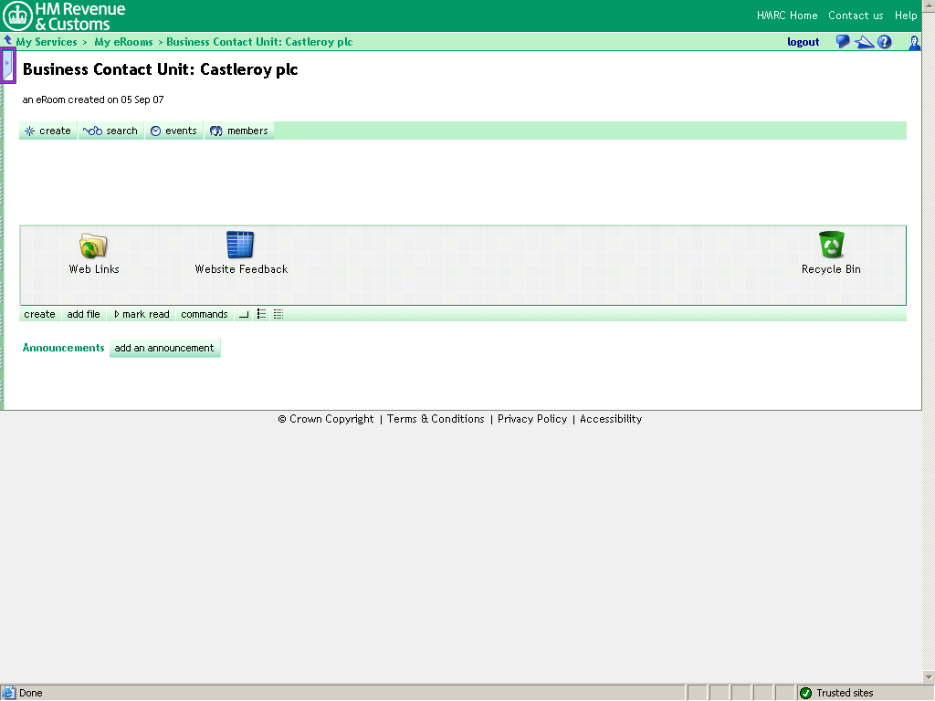 Castleroy plc Room homepage. Pane hidden. Reopen pane tab highlighted.