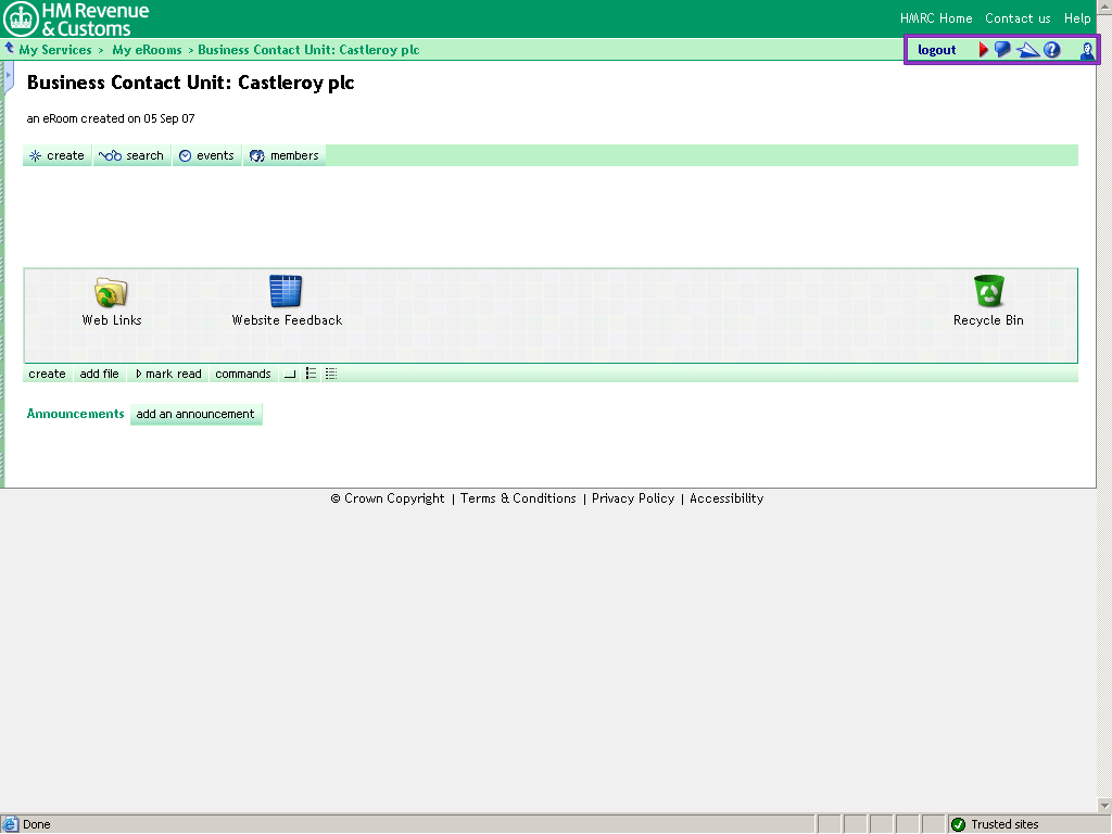 Castleroy plc Room homepage. Tool buttons highlighted.
