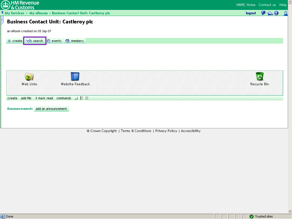 Castleroy plc Room homepage. Search button highlighted.
