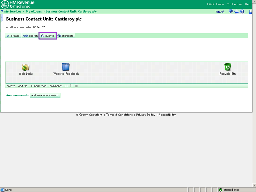 Castleroy plc Room homepage. Events button highlighted.