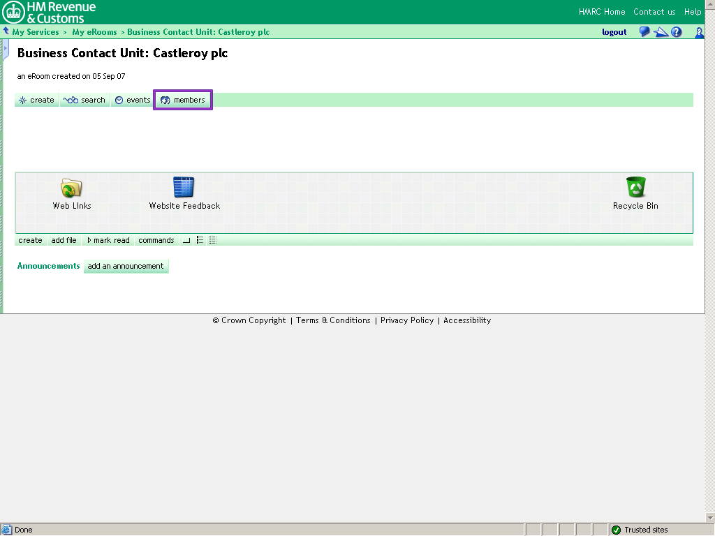 Castleroy plc Room homepage. Members button highlighted.