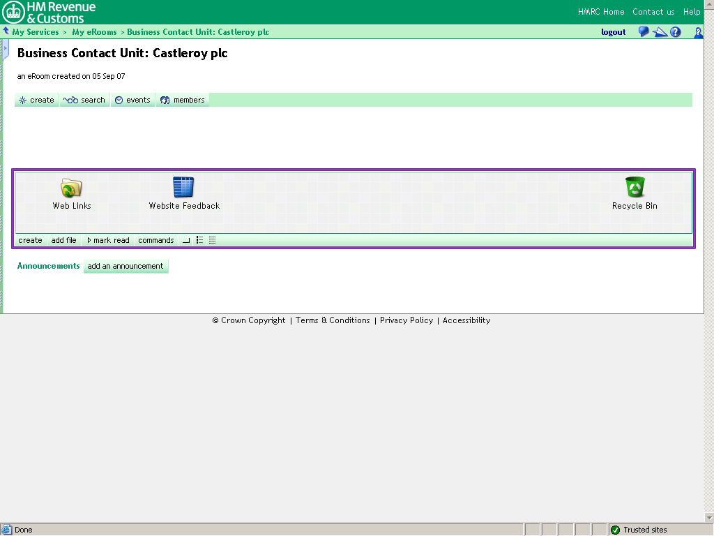 Castleroy plc Room homepage. Item box highlighted.