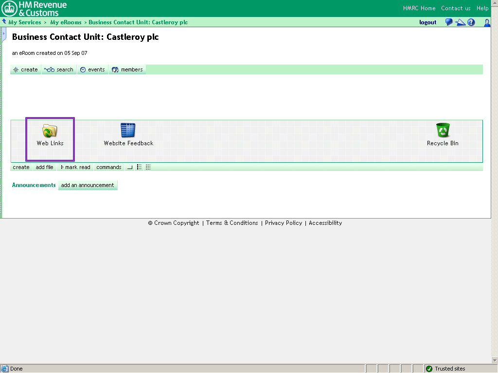Castleroy plc Room homepage. Web Links item highlighted.