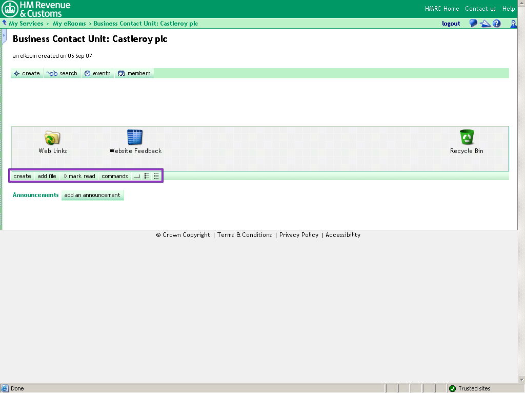 Castleroy plc Room homepage. Command bar highlighted.