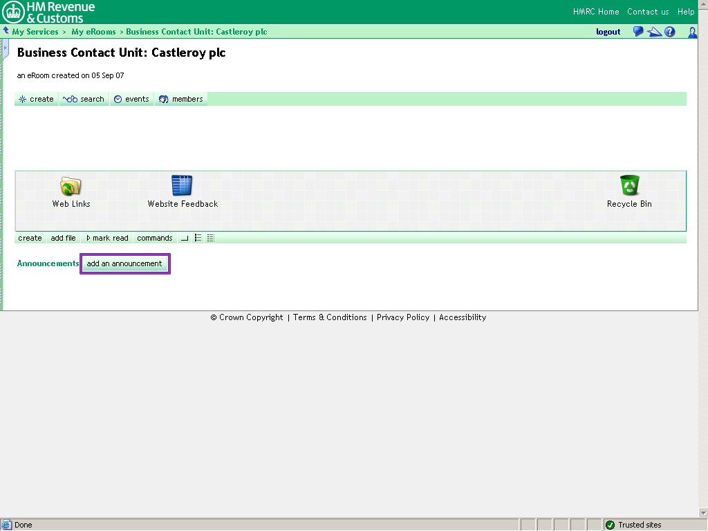 Castleroy plc Room homepage. Add an announcement button highlighted.
