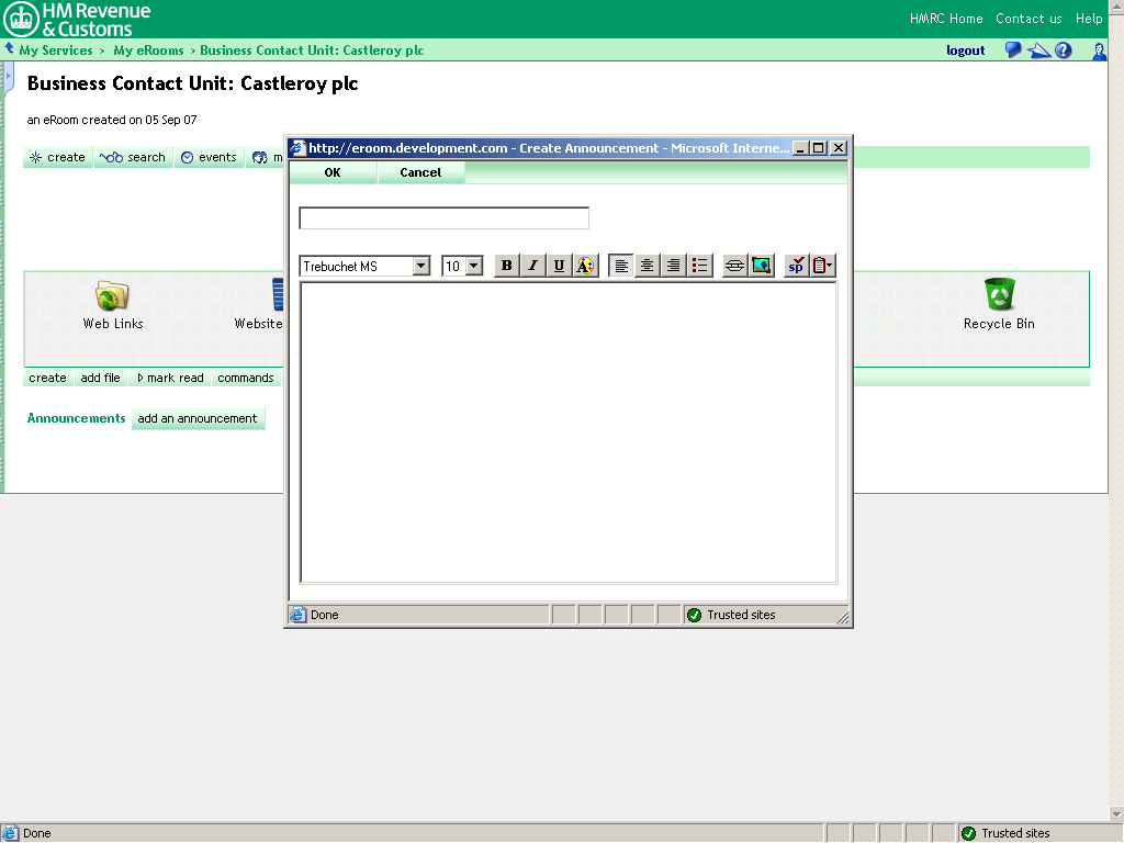 Castleroy plc Room homepage. Create announcement window open over it.