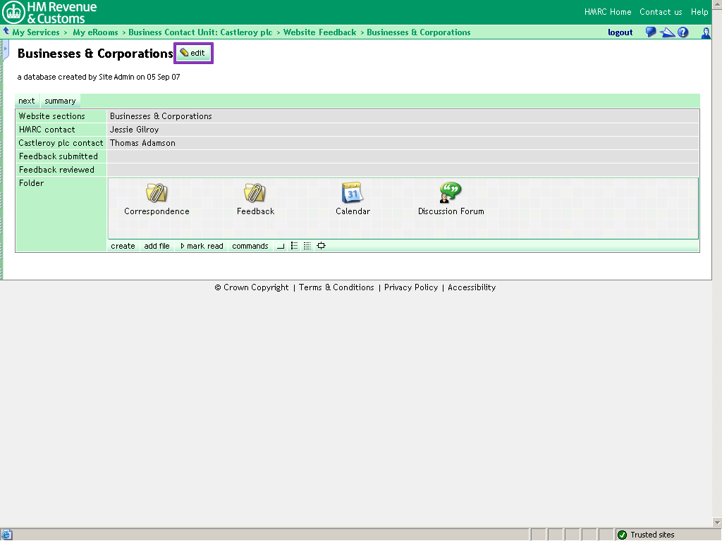 Businesses and Corporations record. Edit button highlighted.