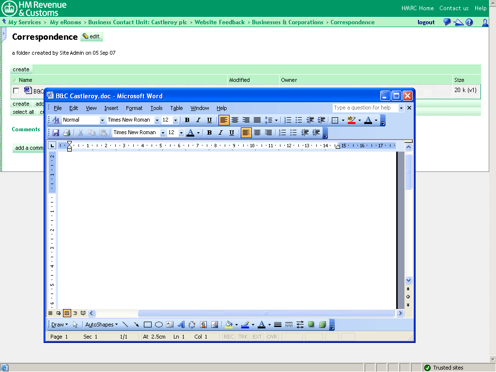 Correspondence folder. Word document opened in separate window.