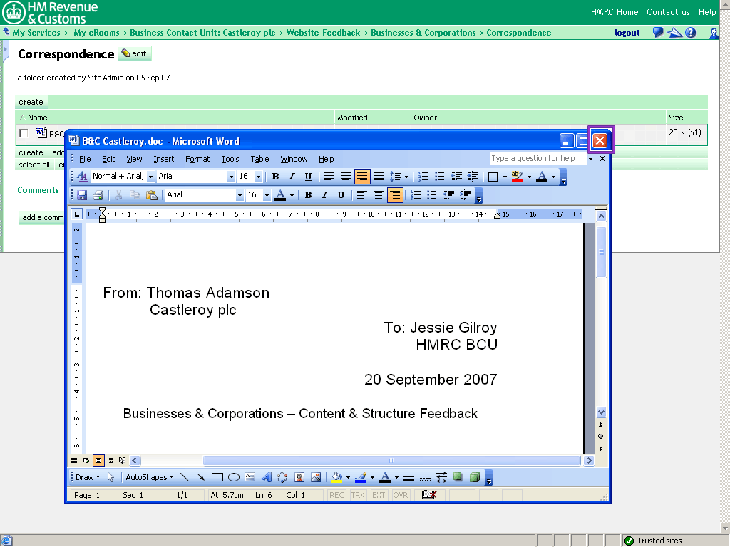 Comments entered on Word document.