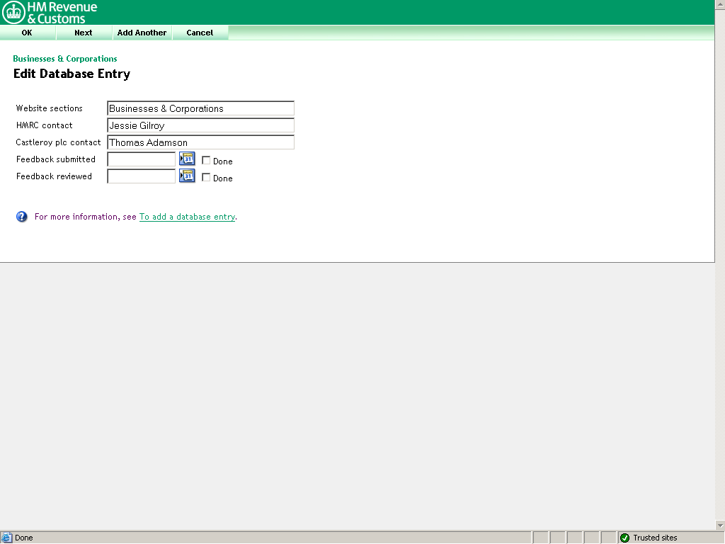 Edit database entry screen. 