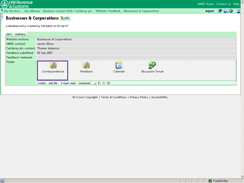 Businesses and Corporations record. Correspondence folder highlighted.