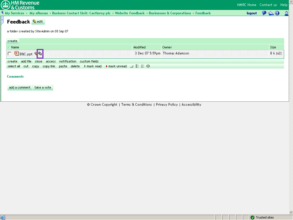 Feedback folder. Version icon highlighted.