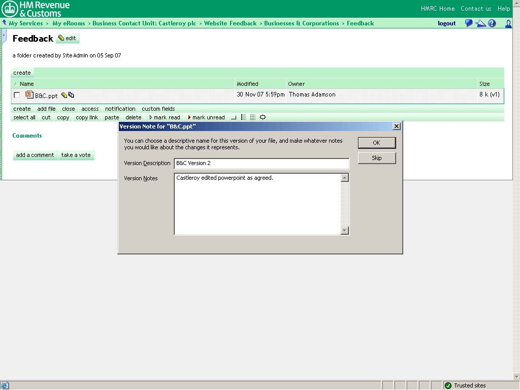 Feedback folder. Version note window for B and C powerpoint file open.  
