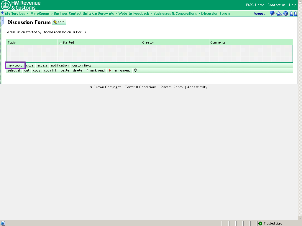 Discussion forum screen. New topic button highlighted.
