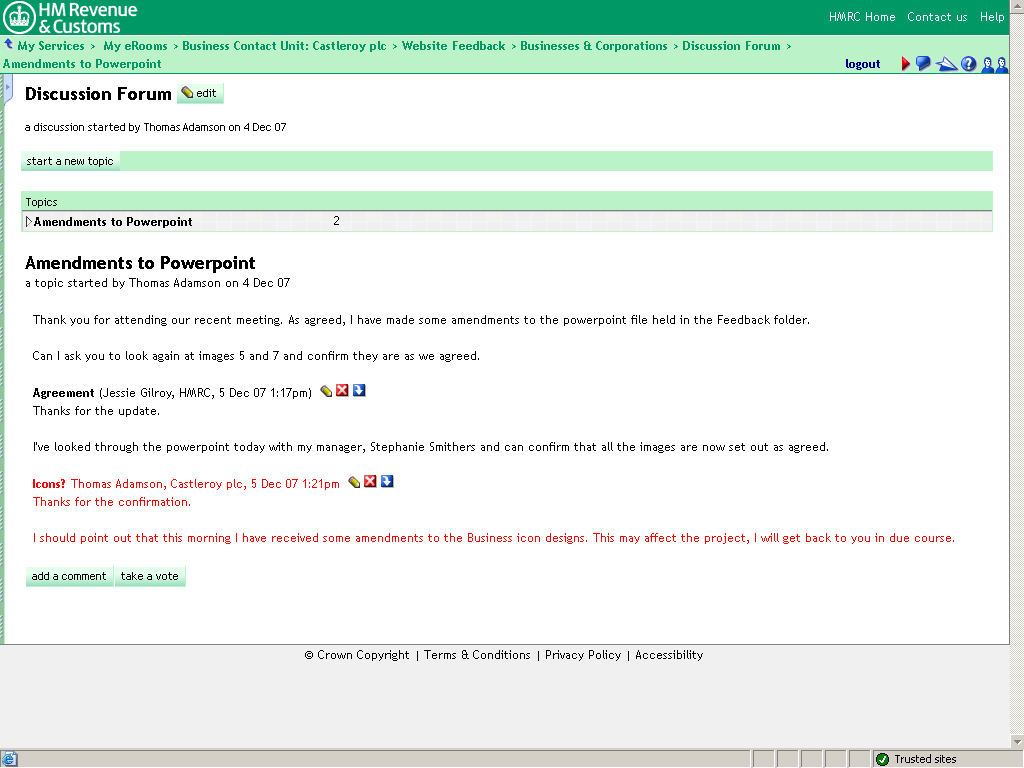 Discussion forum screen. Final comment from Thomas Adamson, shown in red. Refers to possible changes to icons.