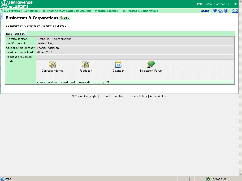 Castleroy plc Room homepage.