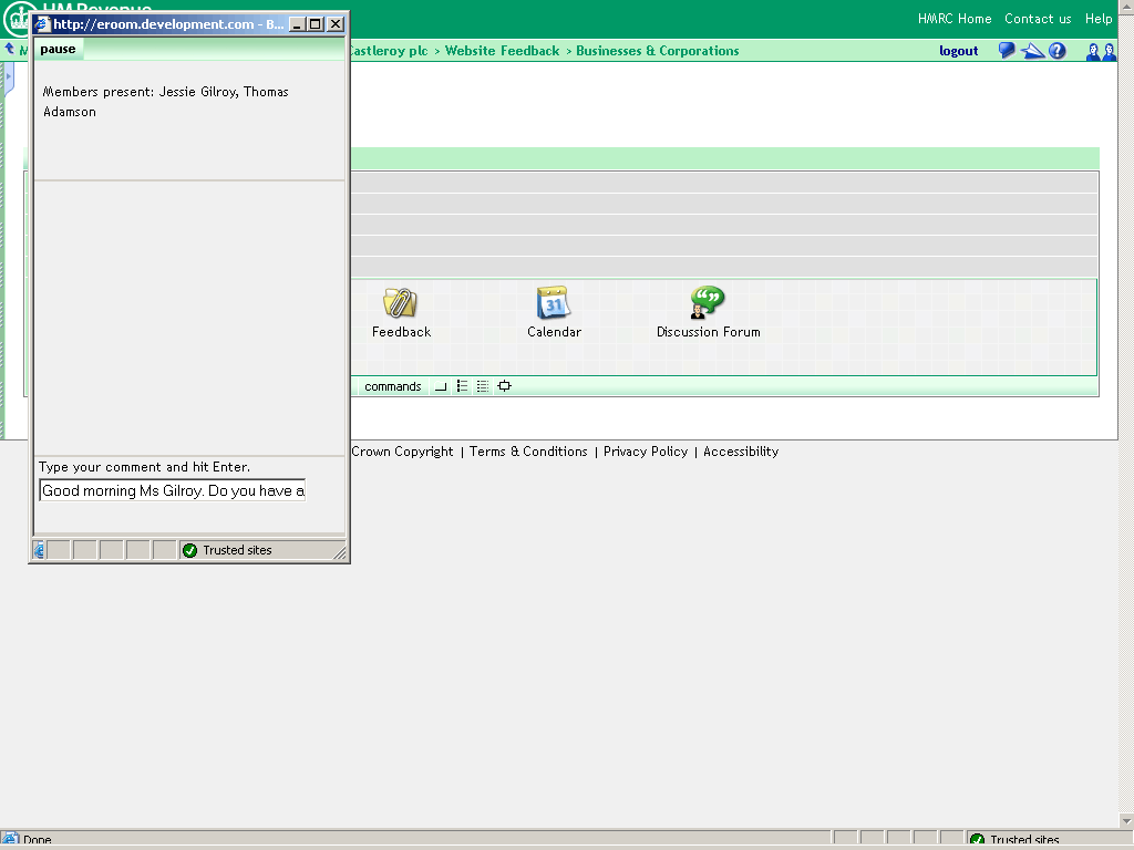 Castleroy plc Room homepage. Opening message from Thomas Adamson entered on intercom window. 