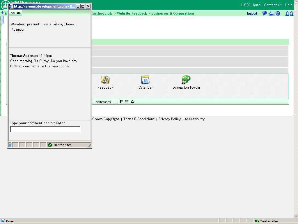 Intercom window. Thomas Adamson's message appears asking for Jessie Gilroy's comments on the new icons.