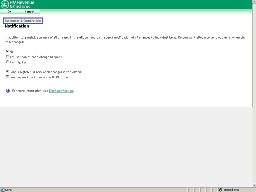 Notification screen. Businesses and Corporations header highlighted.