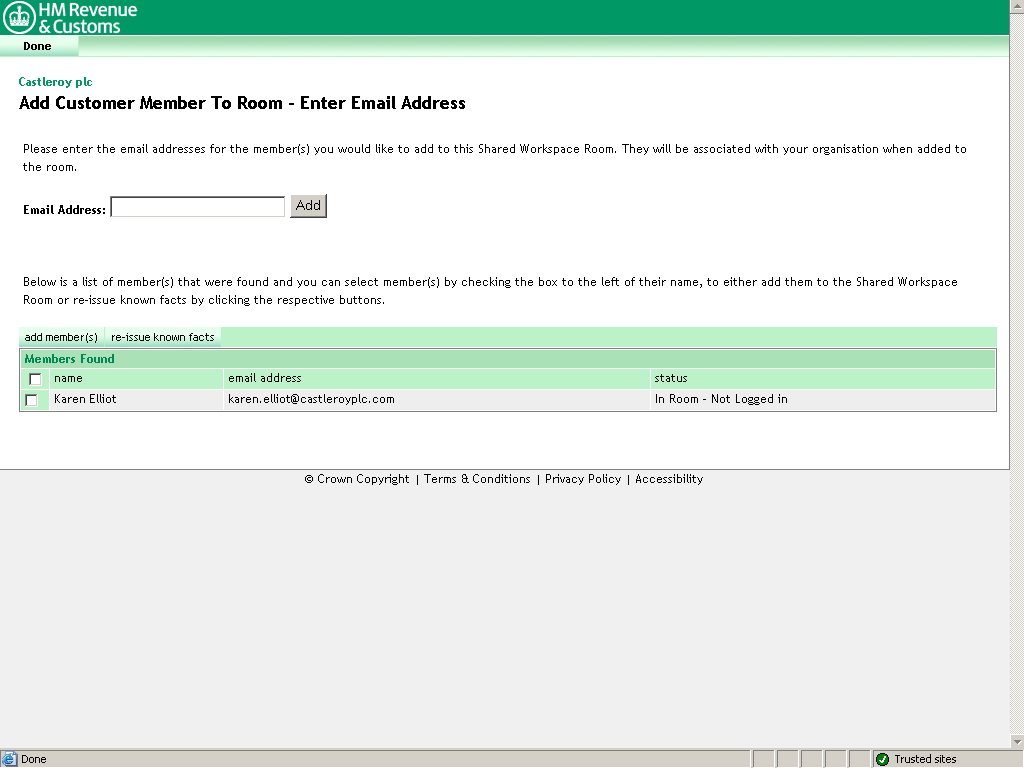 Add Customer to Room, Karen Elliot listed in Members Found area.